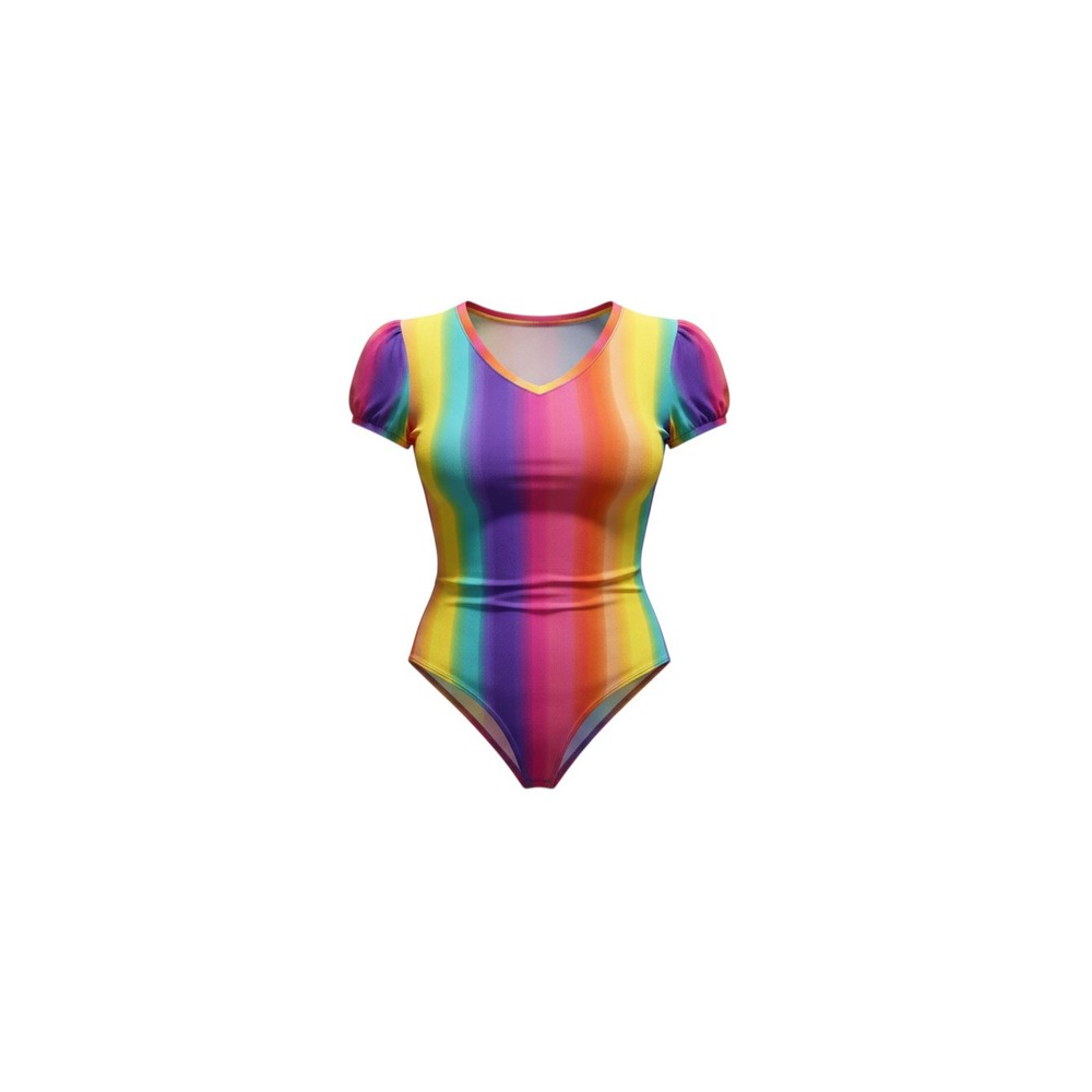 Derek Heart Bodysuit Womens Large Rainbow Stripe V-Neck Short Puff Sleeve Snap